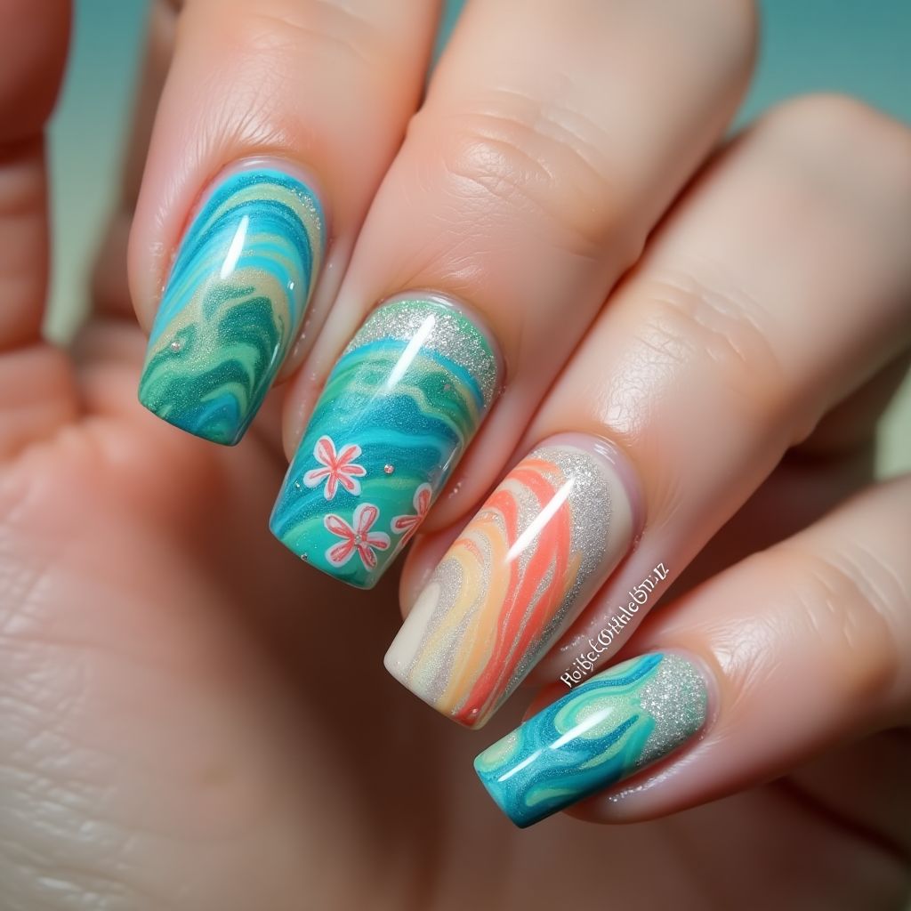 Beach Water Marbling Nail Design