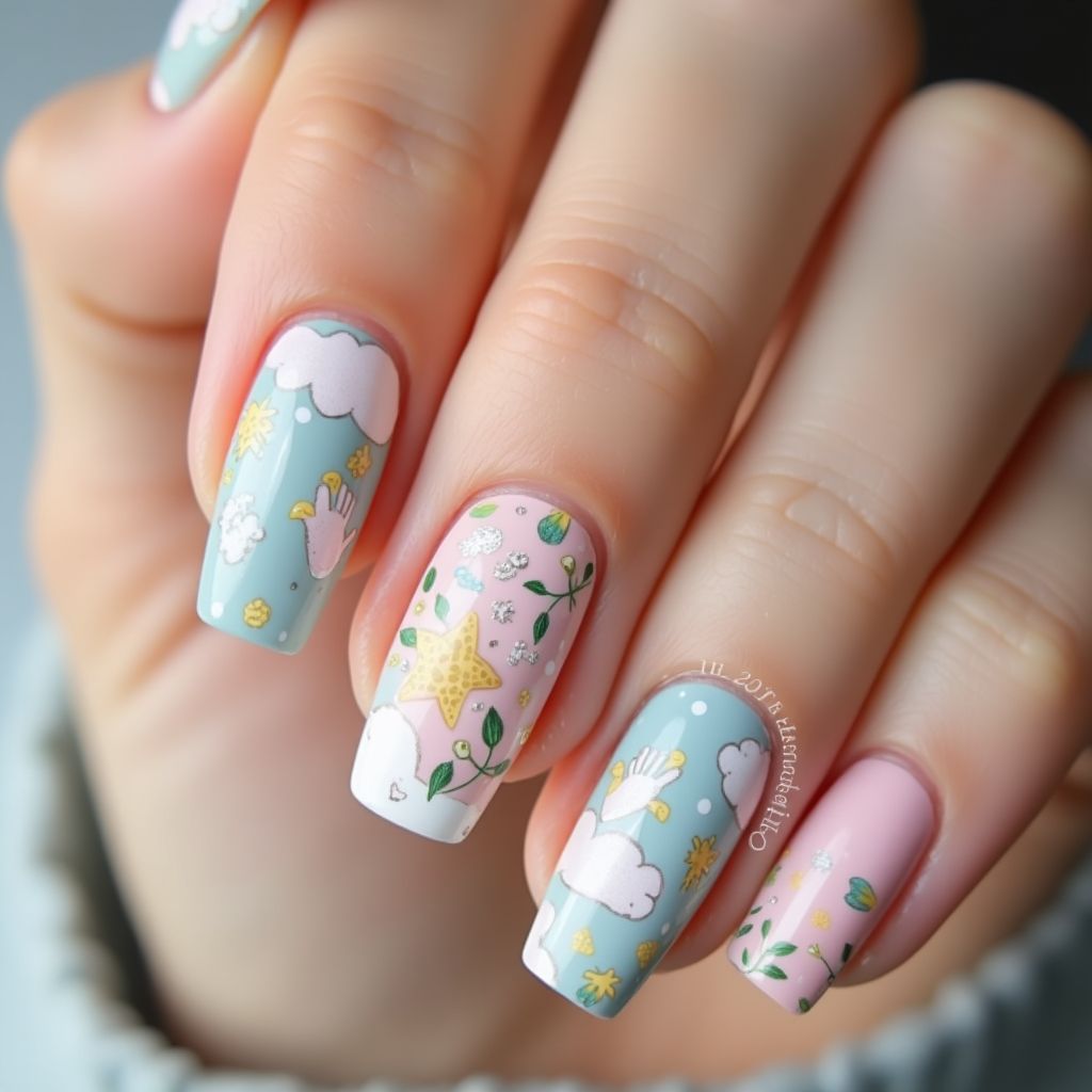 Baby Shower Freehand Art Nail Design