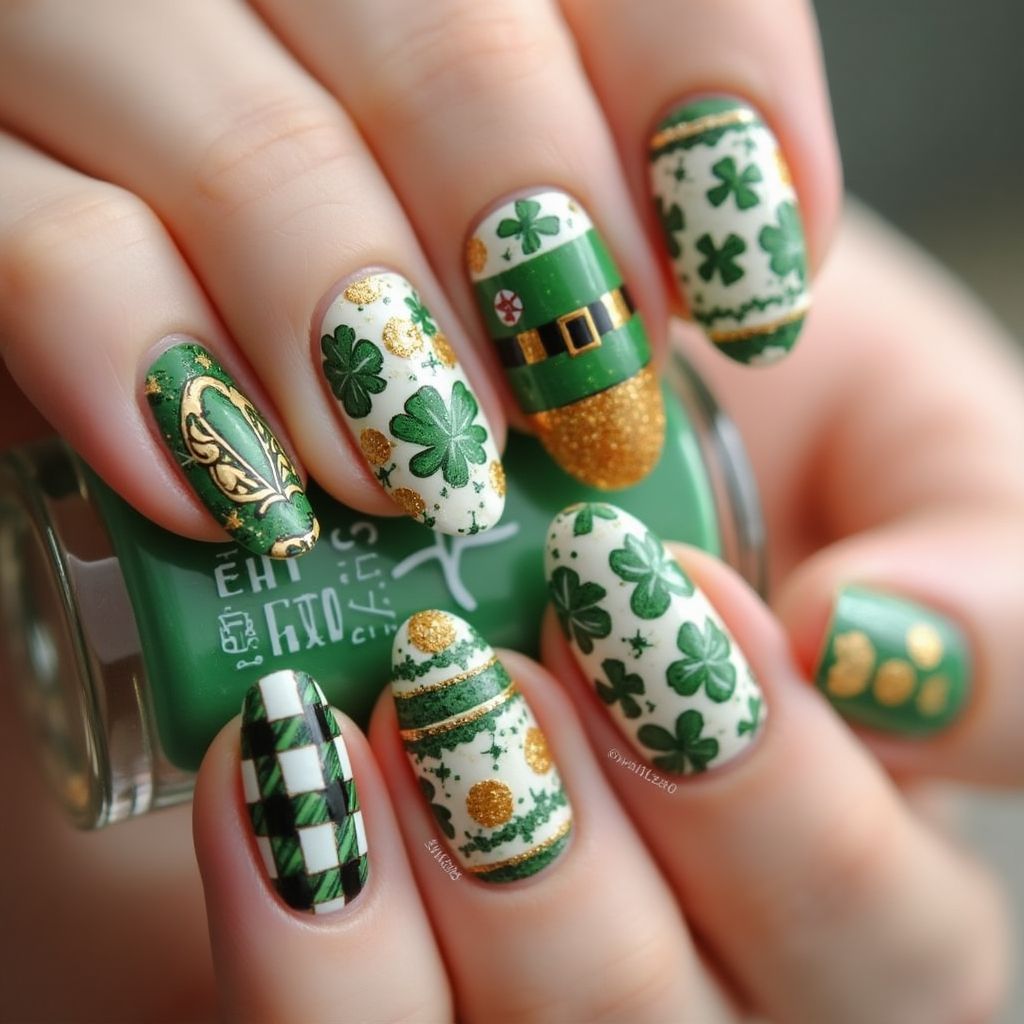 St Patrick's Day Freehand Art Nail Design