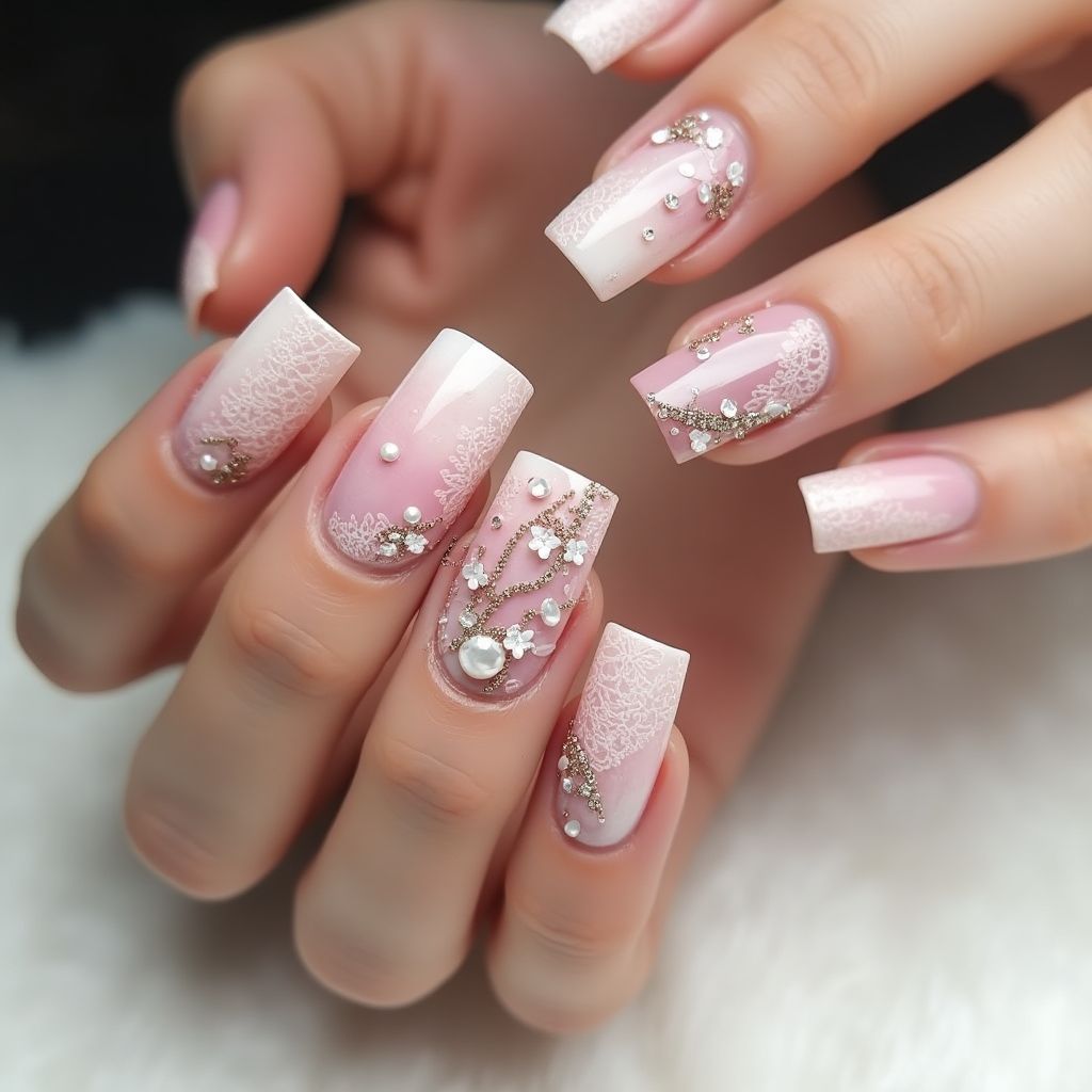 Wedding Water Marbling Nail Design