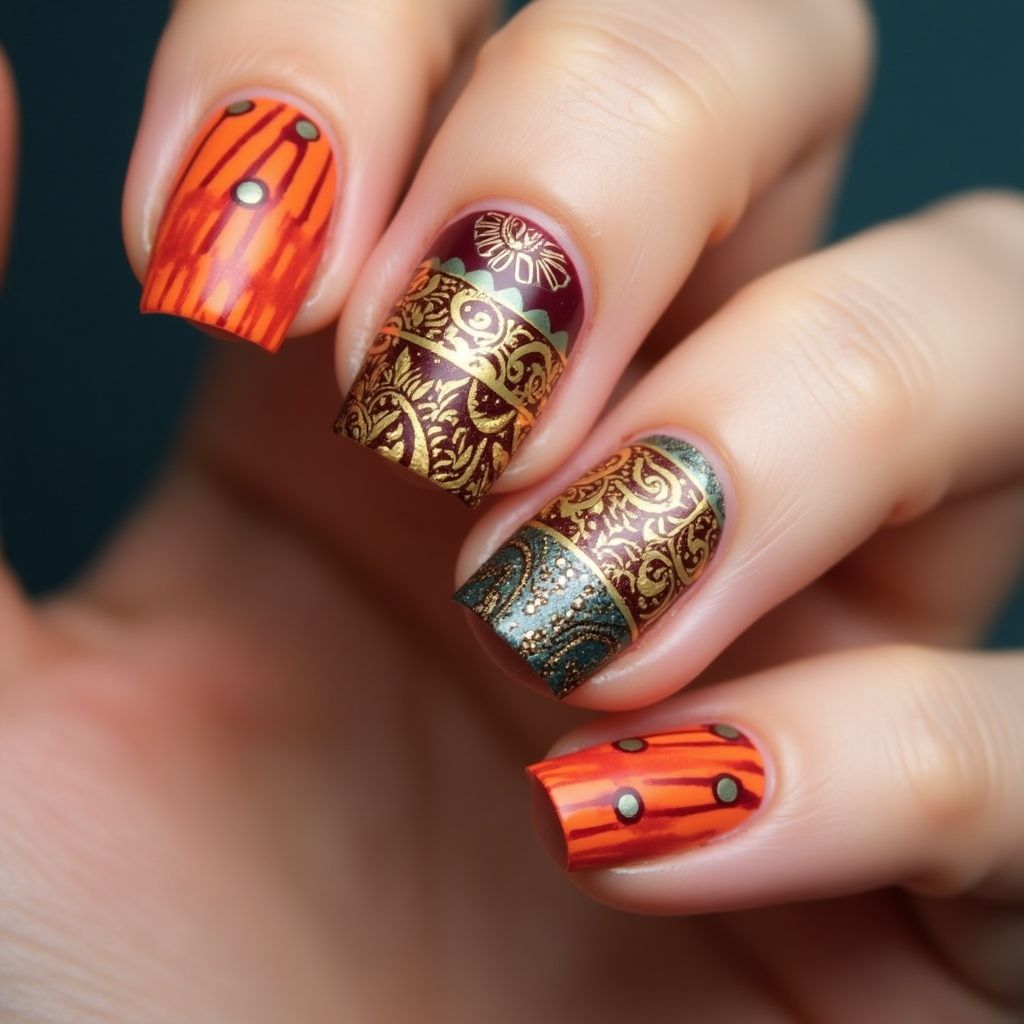 Diwali Stripes And Lines Nail Design
