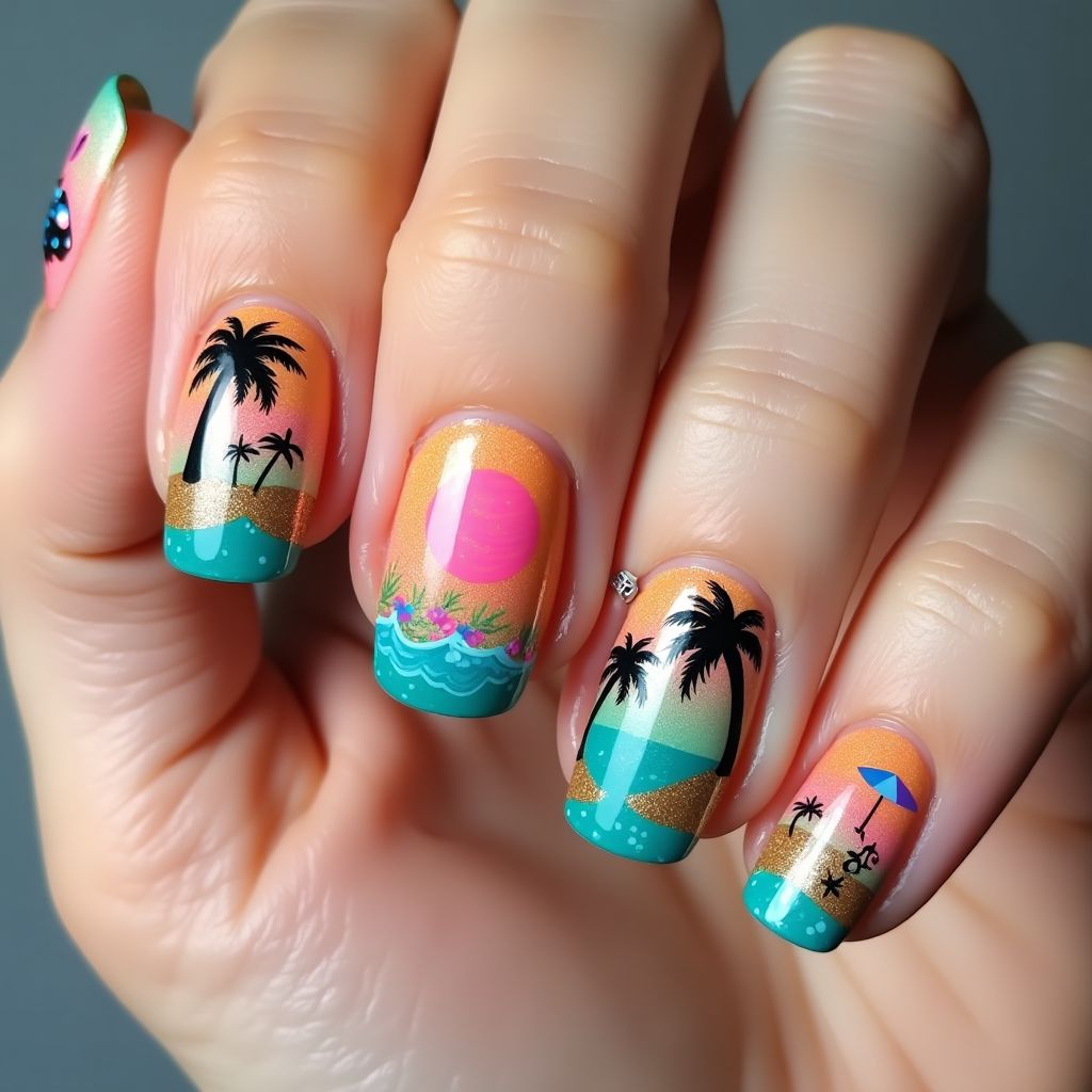 Vacation Freehand Art Nail Design