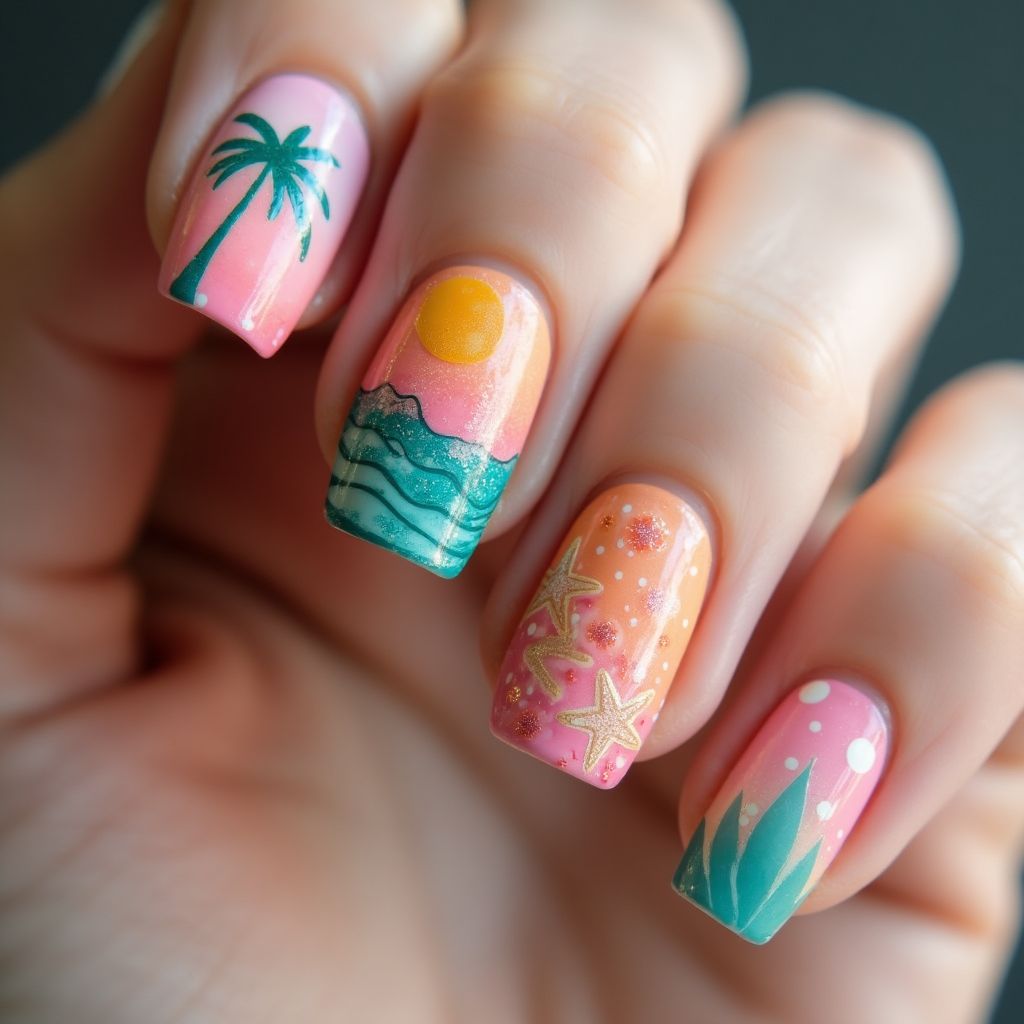 Vacation Water Marbling Nail Design