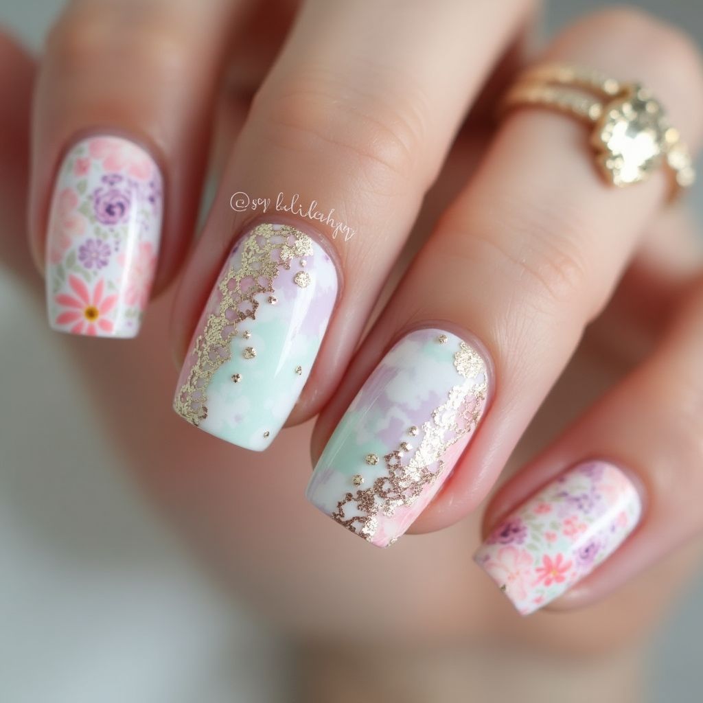 Bridal shower Water marbling Nail Design