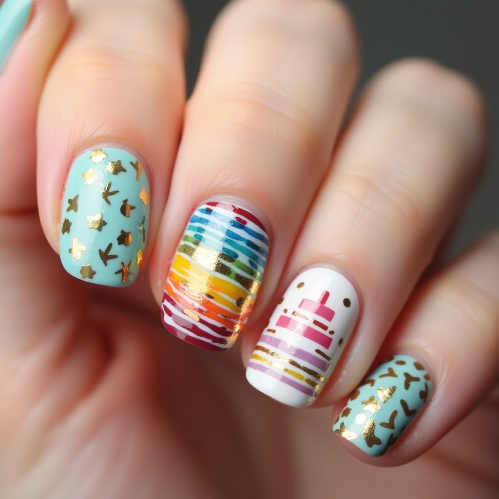 Birthday Stripes And Lines Nail Design