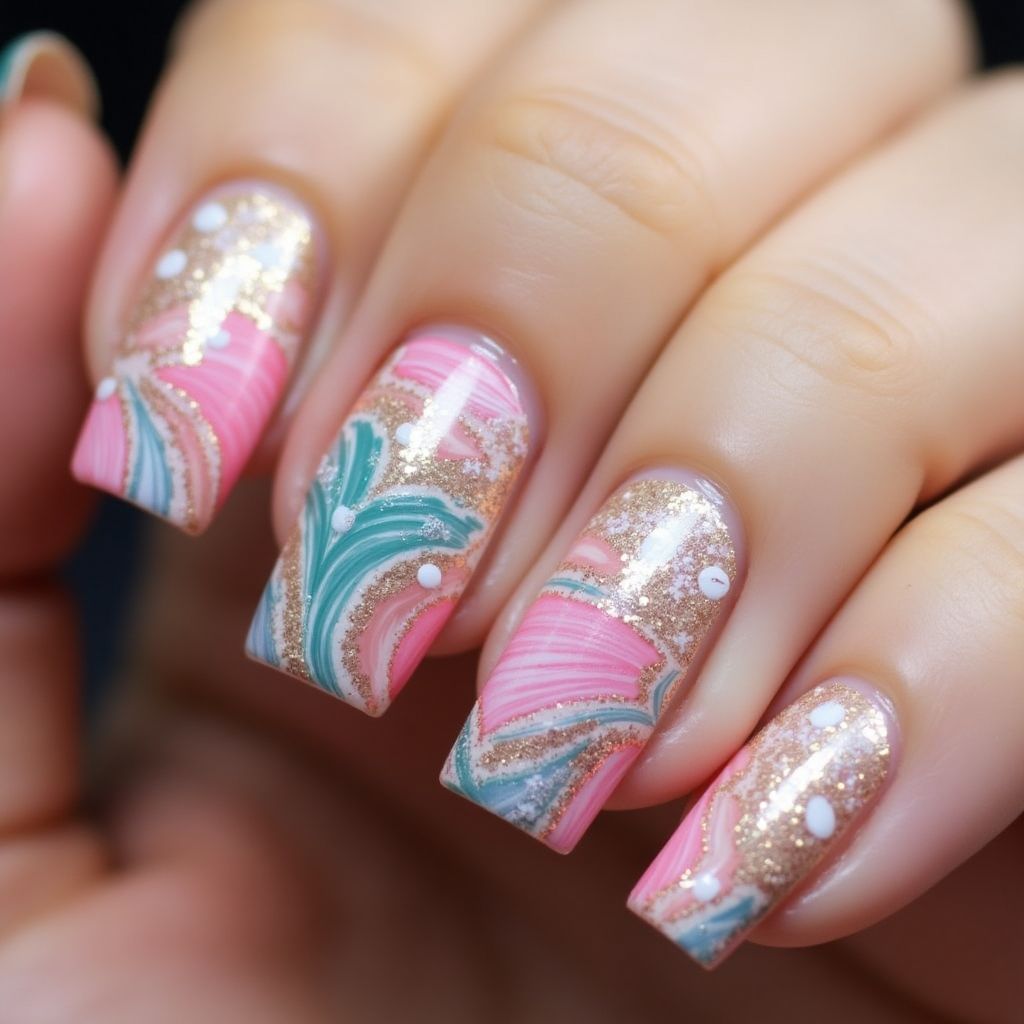 Celebration Water Marbling Nail Design
