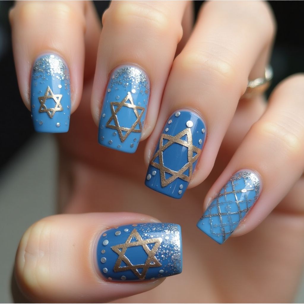 Hanukkah Freehand Art Nail Design