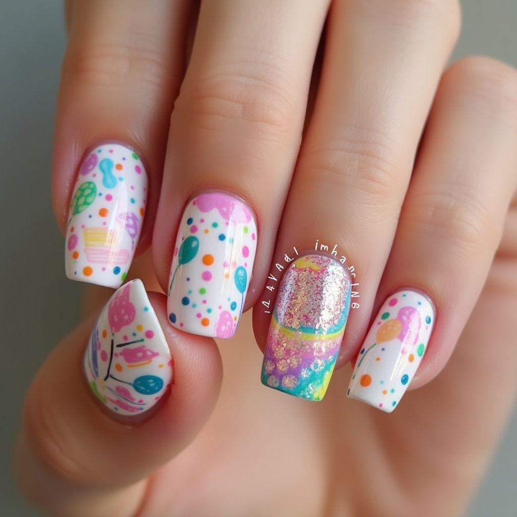 Birthday Water Marbling Nail Design