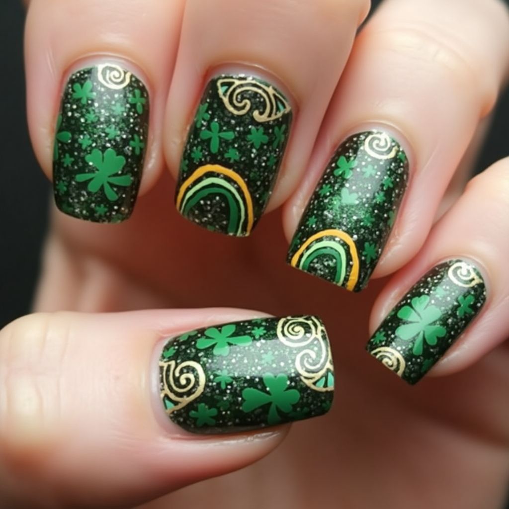 St Patrick's Day Freehand Art Nail Design