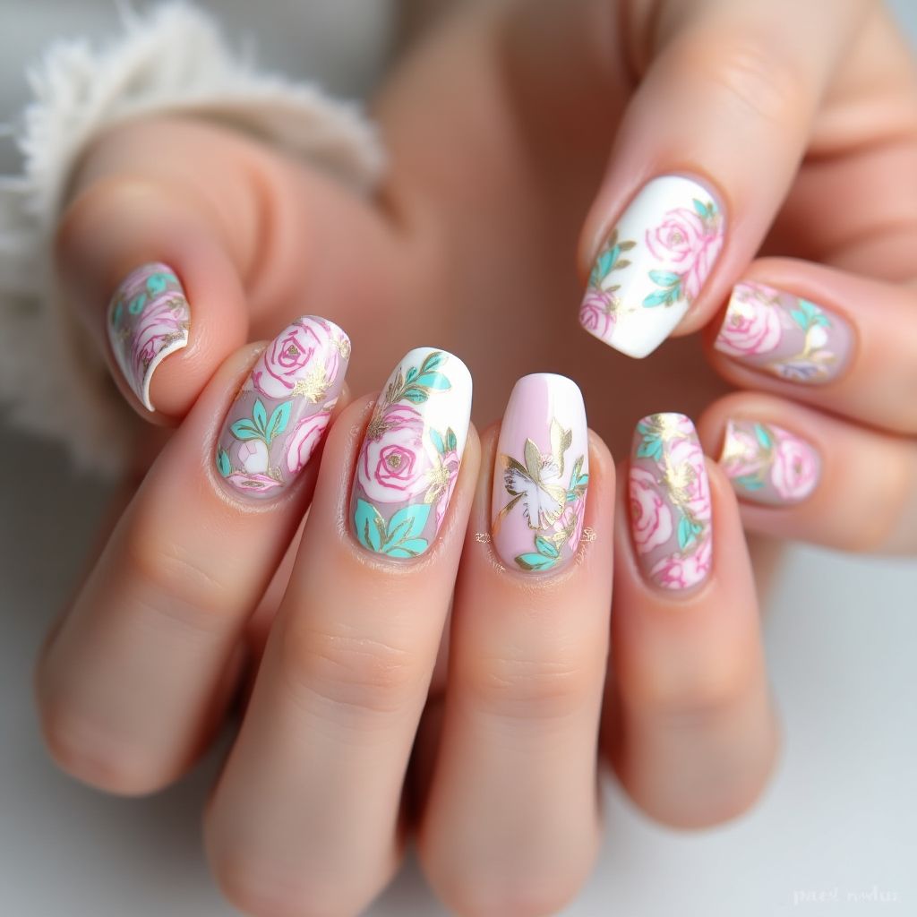 Mother's Day Water Marbling Nail Design