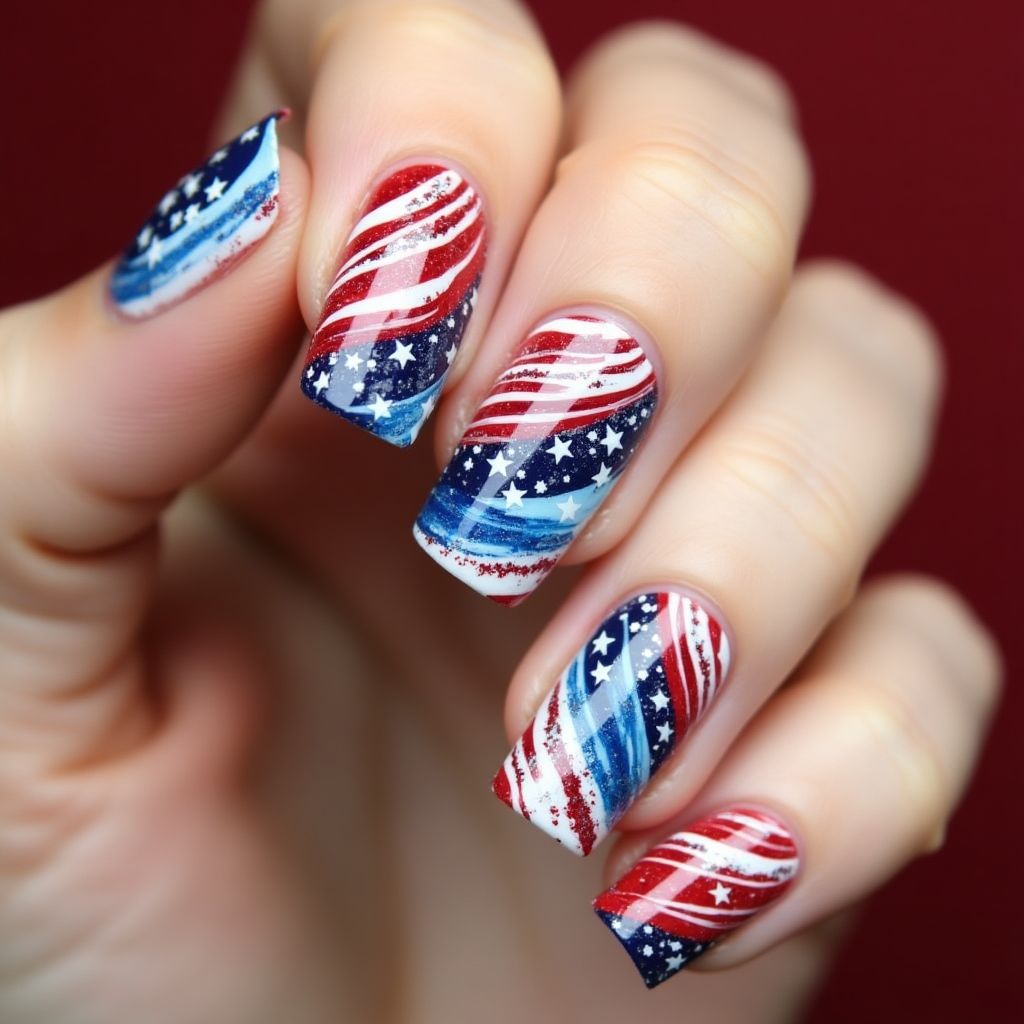 4th Of July Water Marbling Nail Design