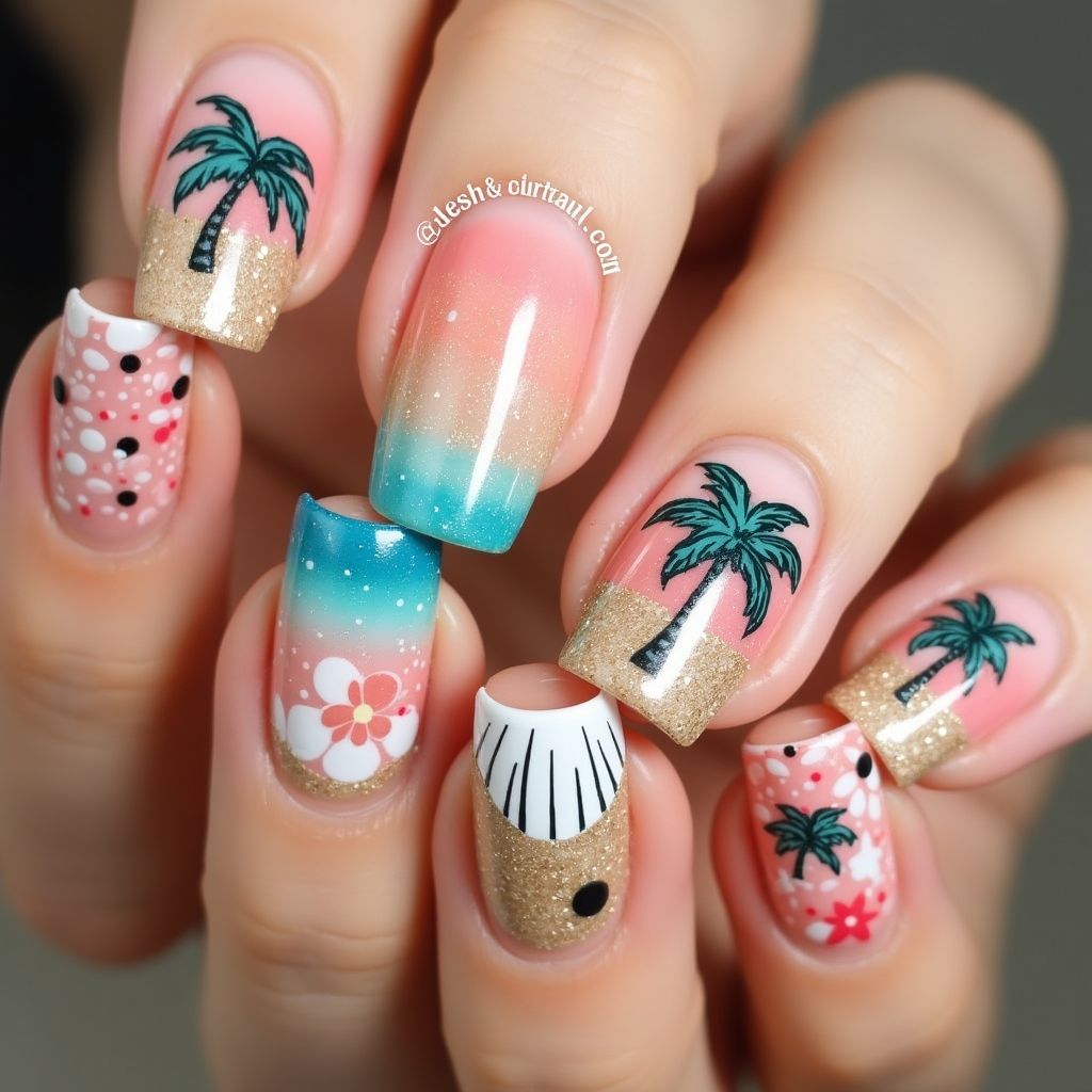 Beach Freehand Art Nail Design