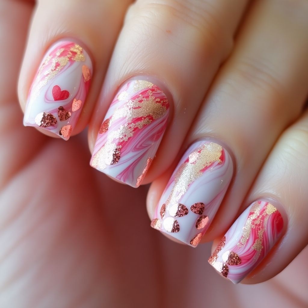 Valentine's Day Water Marbling Nail Design