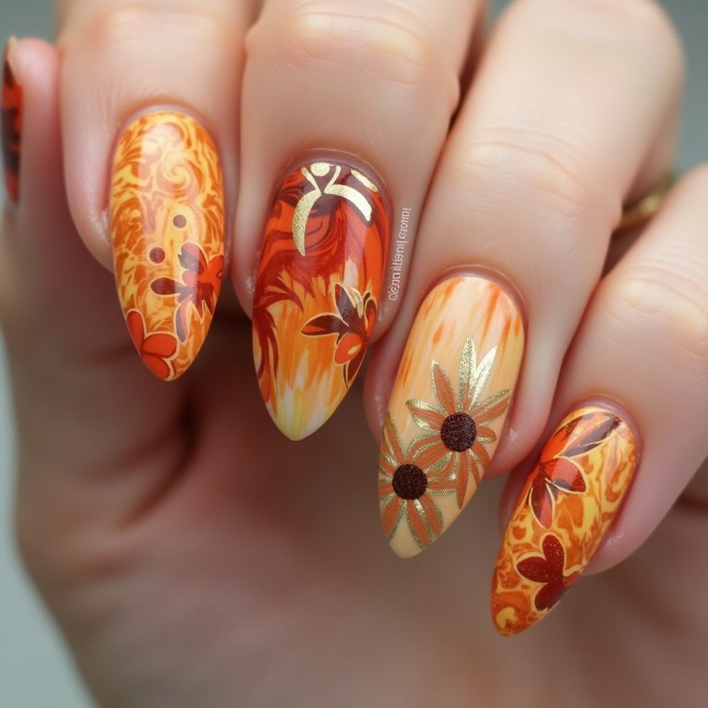 Thanksgiving Water Marbling Nail Design