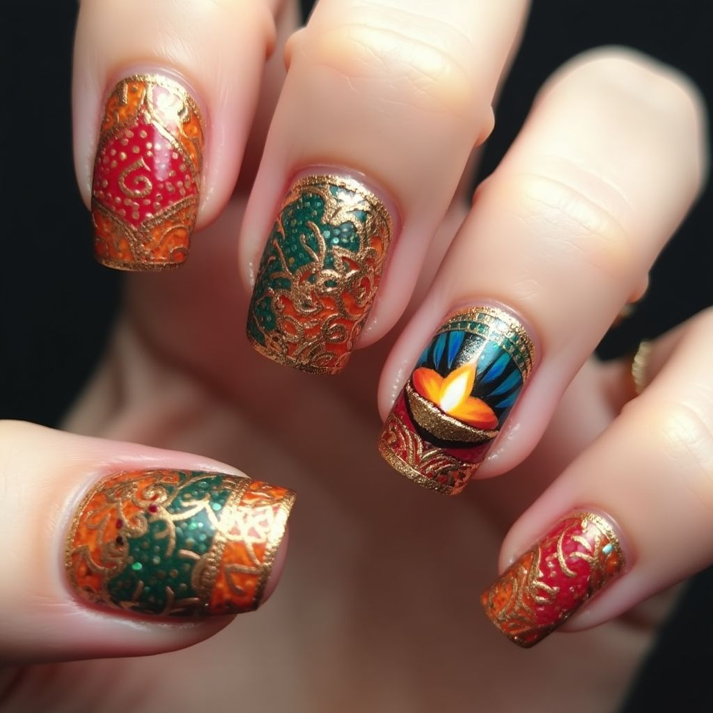 Diwali Freehand Art Nail Design