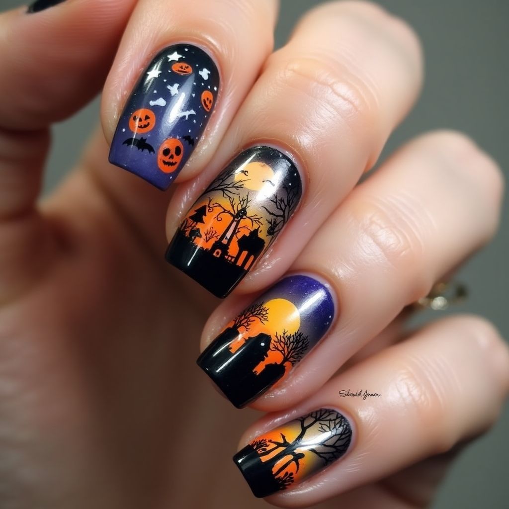Halloween Freehand Art Nail Design