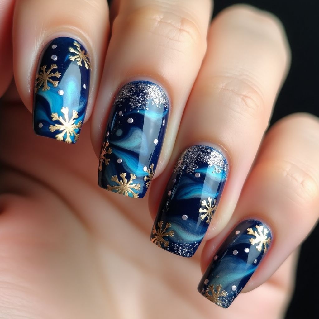 New Year Water Marbling Nail Design