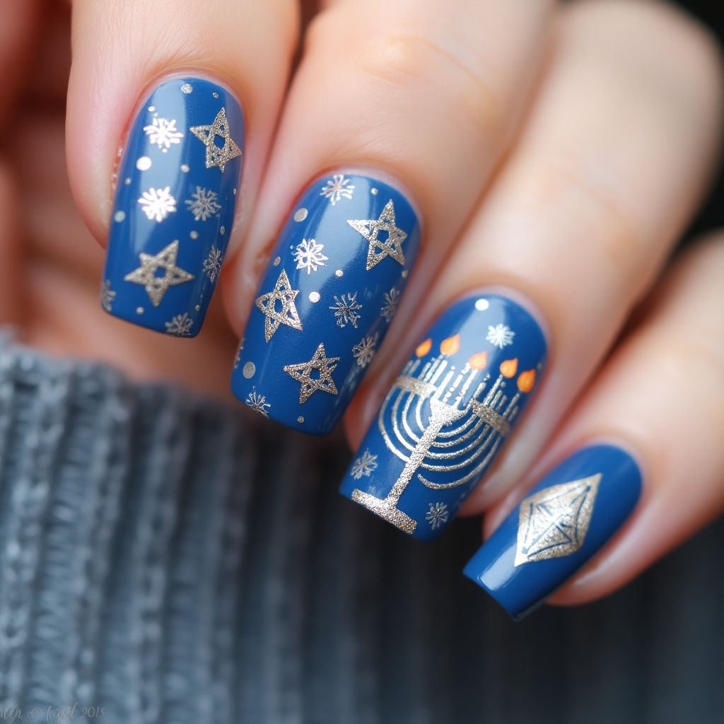 Hanukkah Freehand art Nail Design