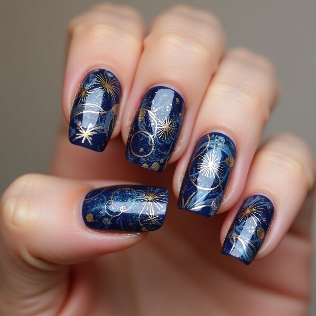 New Year Water Marbling Nail Design
