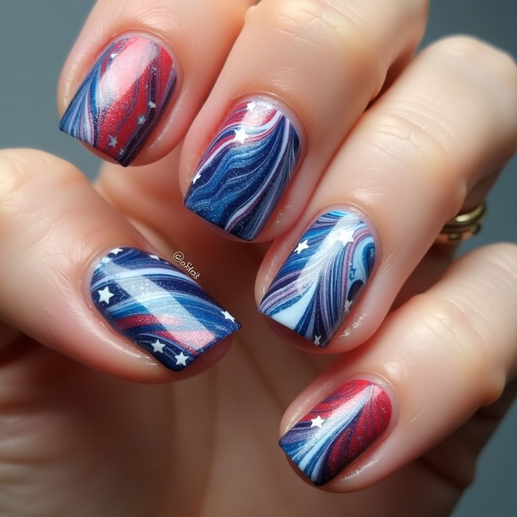 Memorial Day Water Marbling Nail Design