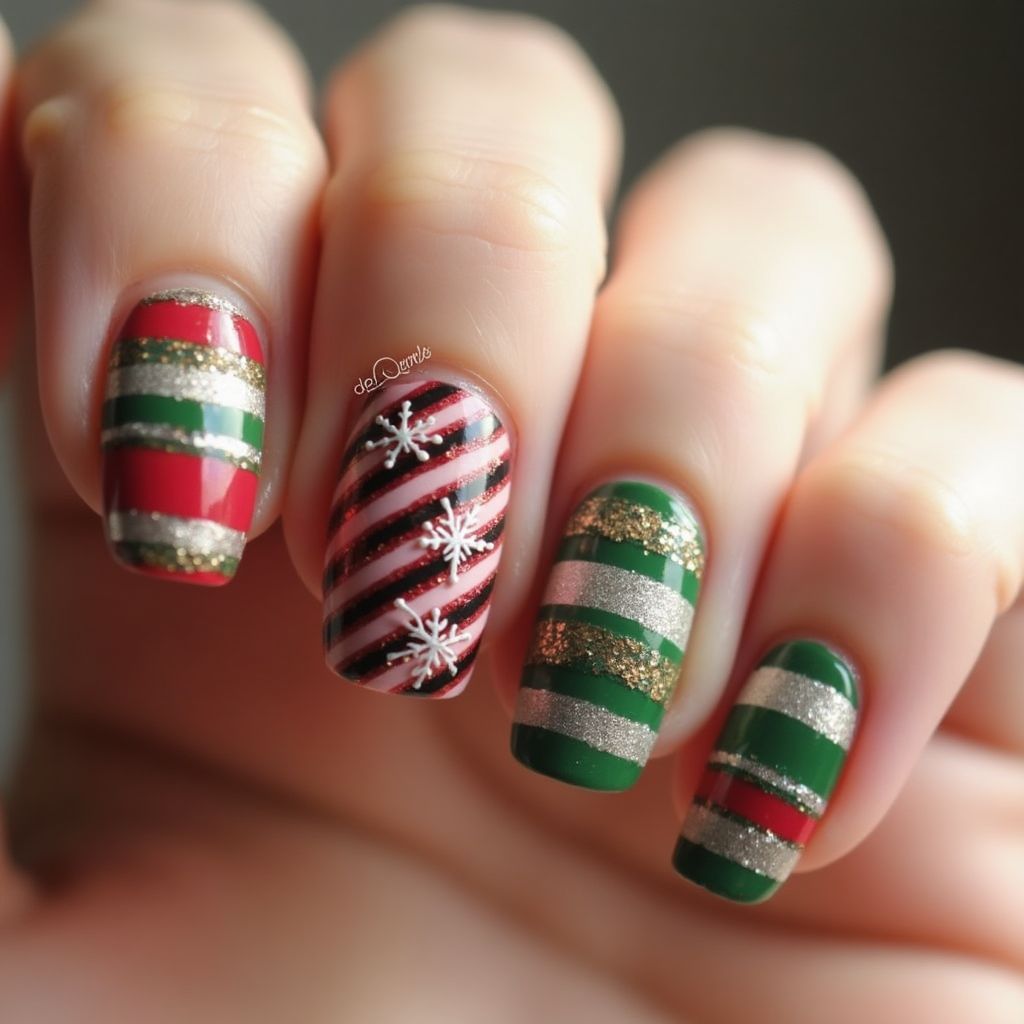 Christmas Stripes And Lines Nail Design