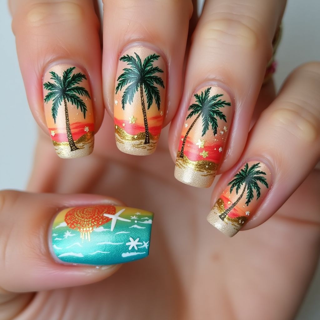 Vacation Freehand Art Nail Design