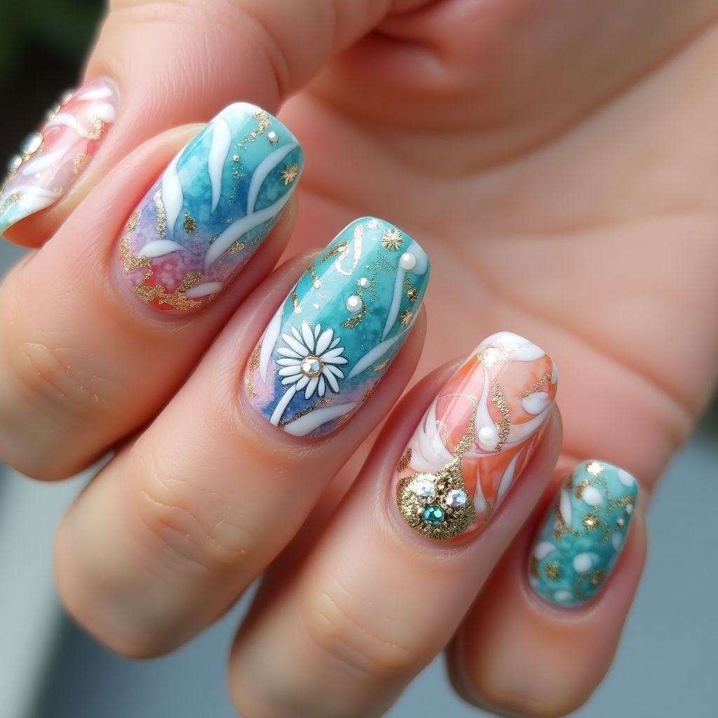 Vacation Water Marbling Nail Design