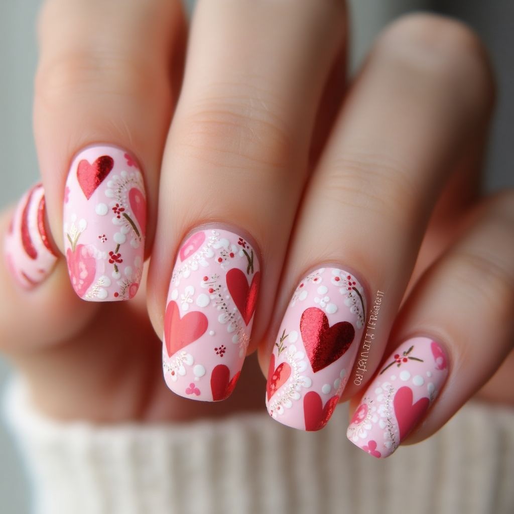Valentine's Day Freehand Art Nail Design