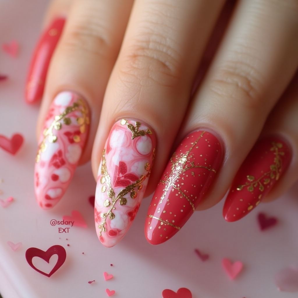 Valentine's Day Water Marbling Nail Design