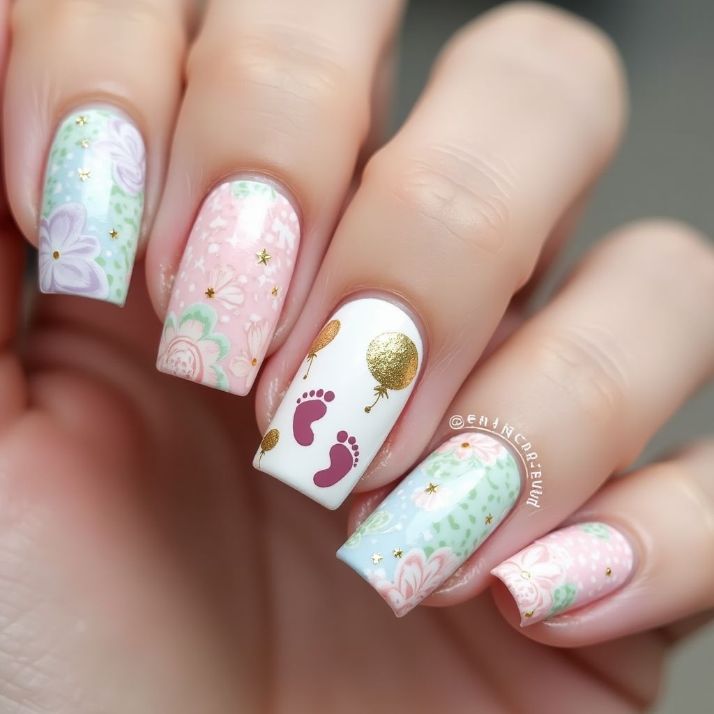 Baby Shower Water Marbling Nail Design