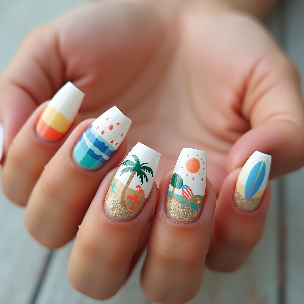 Beach Freehand Art Nail Design