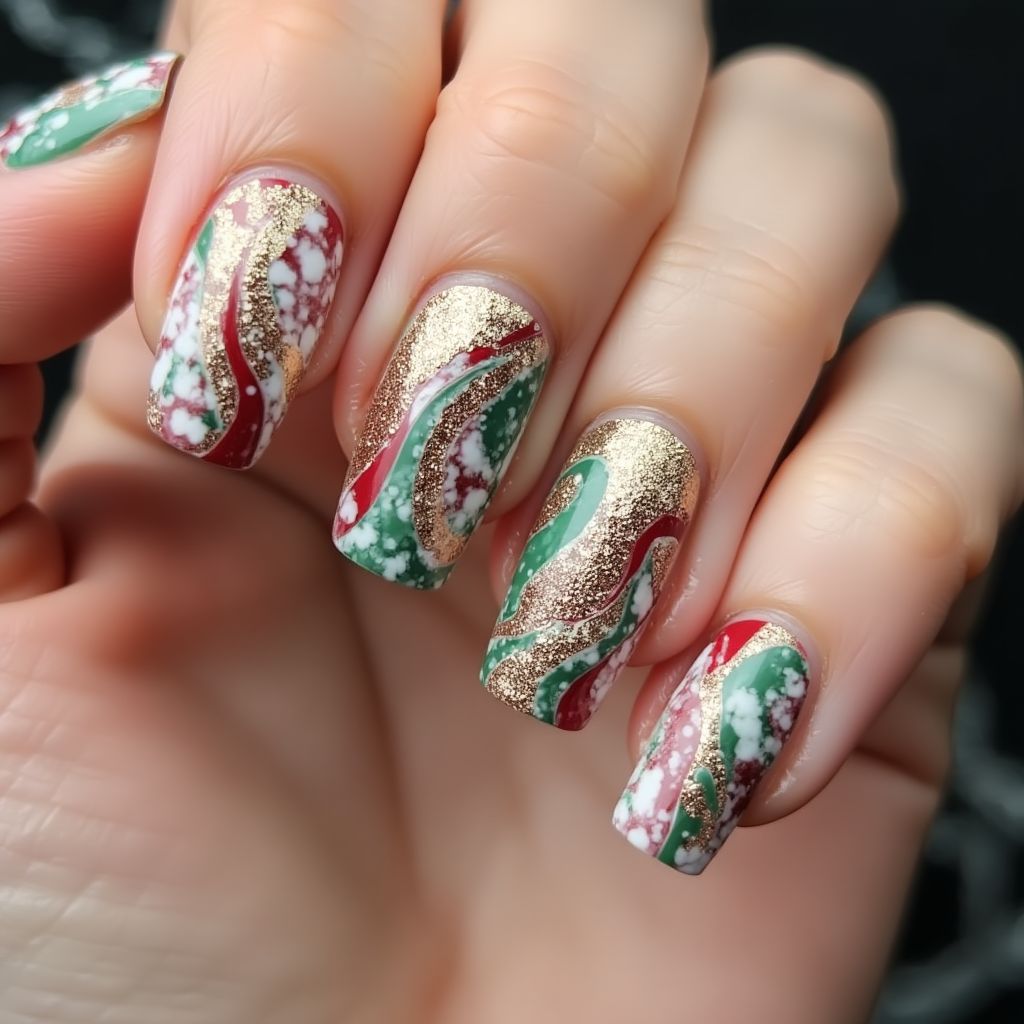 Holiday Water Marbling Nail Design