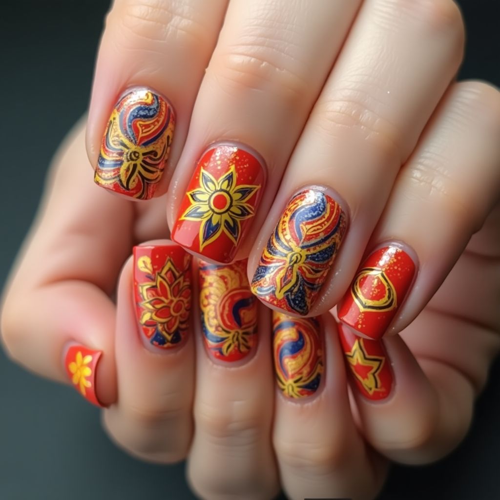 Diwali Water Marbling Nail Design