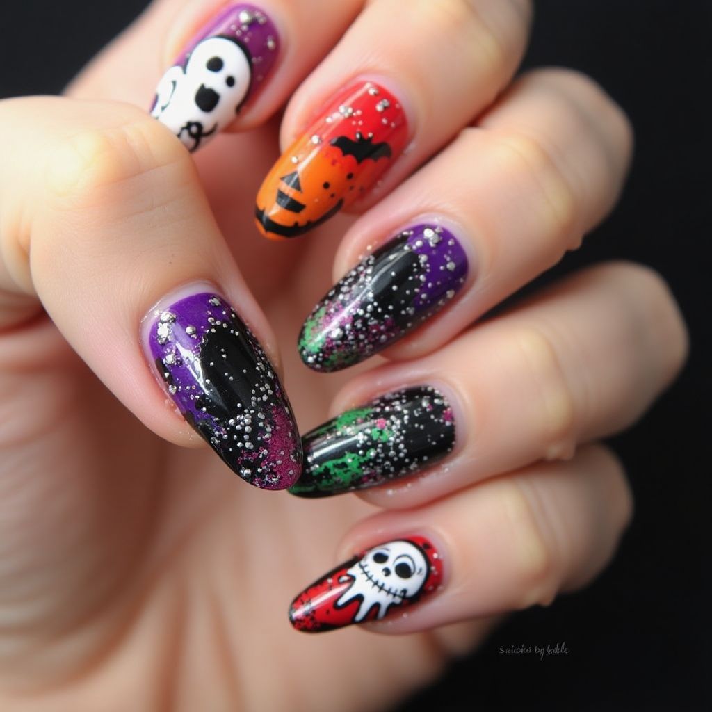 Halloween Water Marbling Nail Design