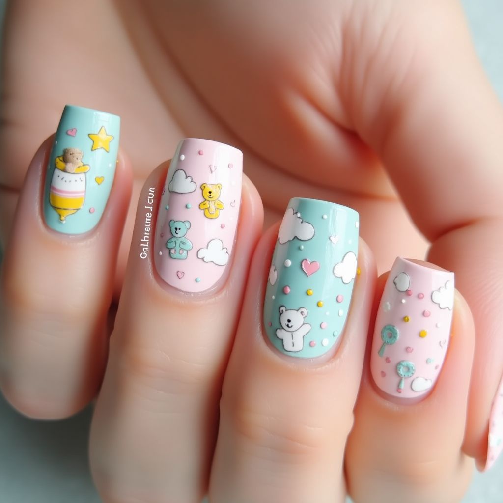 Baby Shower Freehand Art Nail Design