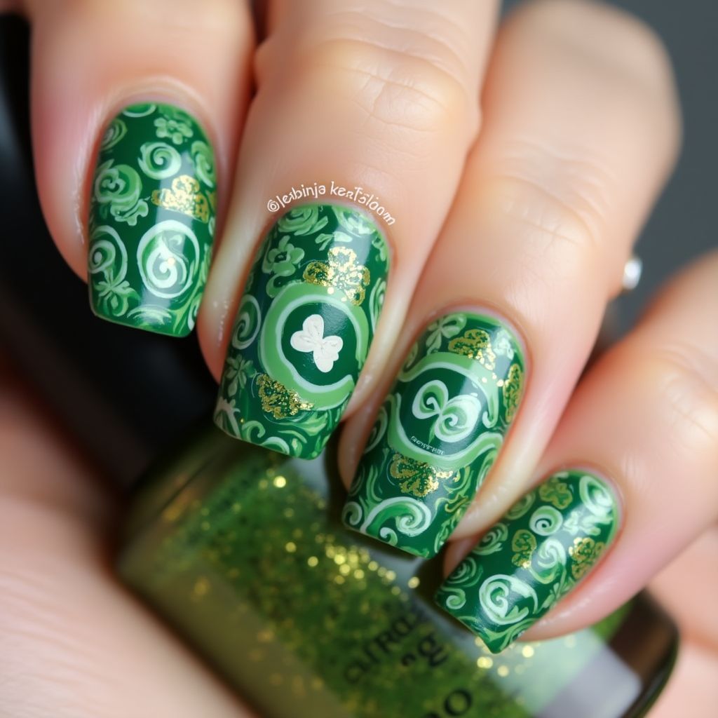 St Patrick's Day Water Marbling Nail Design