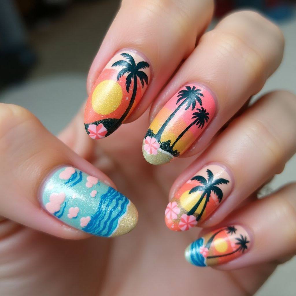 Vacation Freehand Art Nail Design