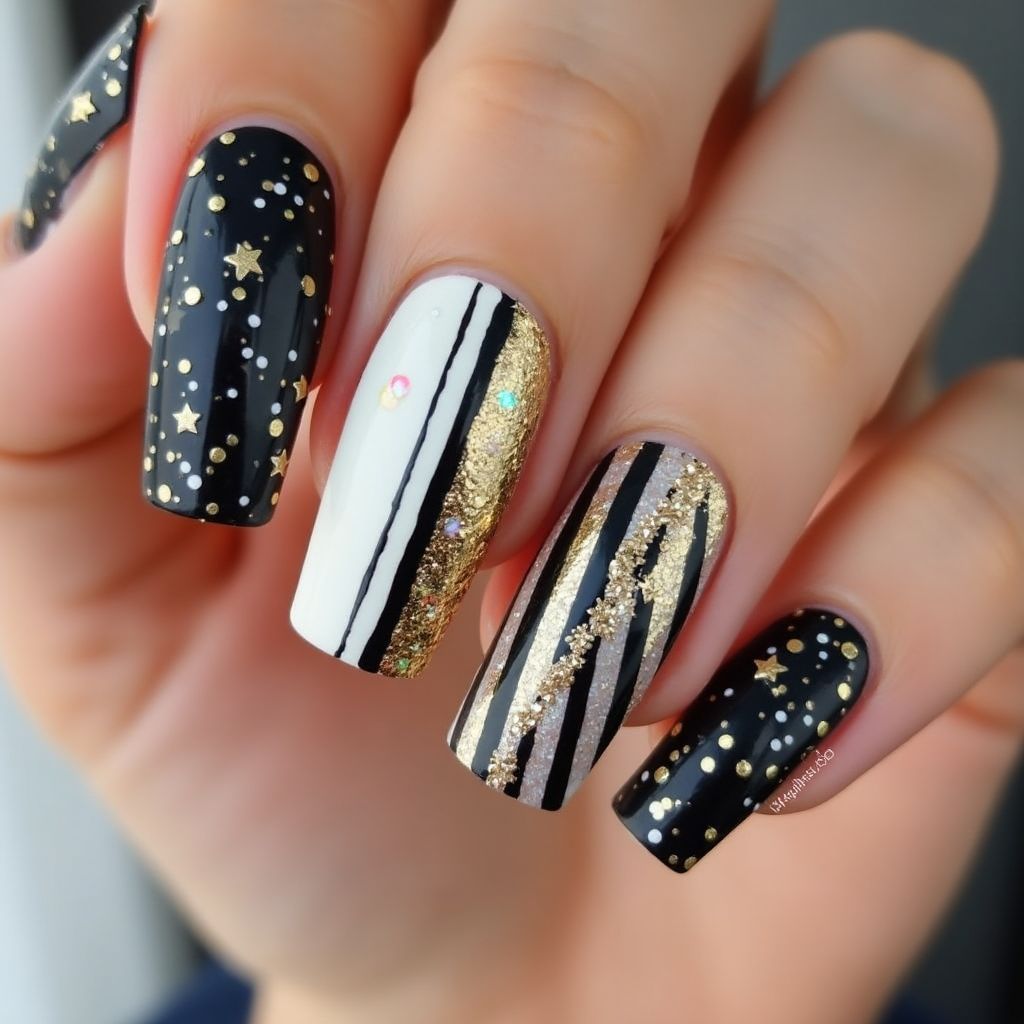 New Year Stripes And Lines Nail Design