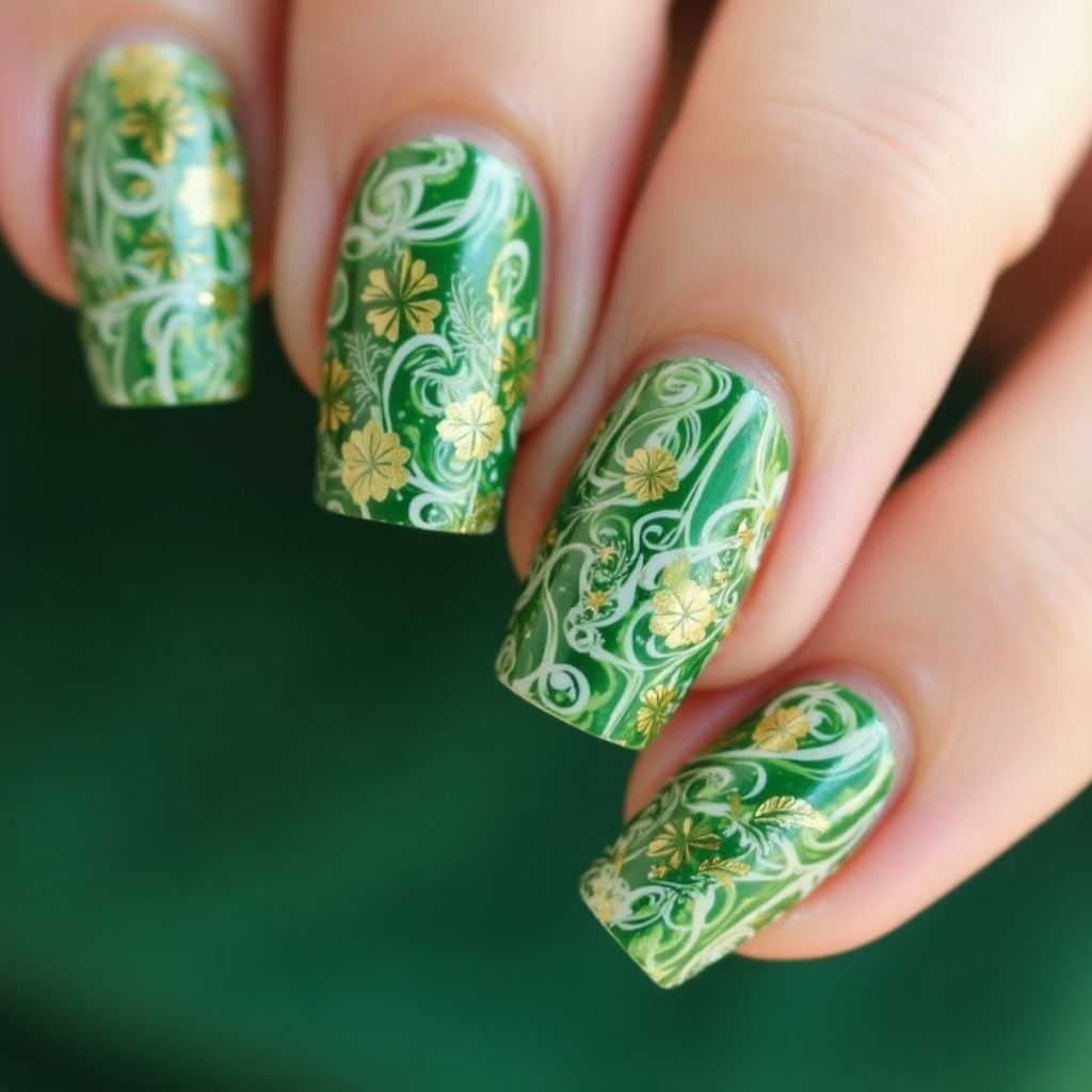 St Patrick's Day Water Marbling Nail Design