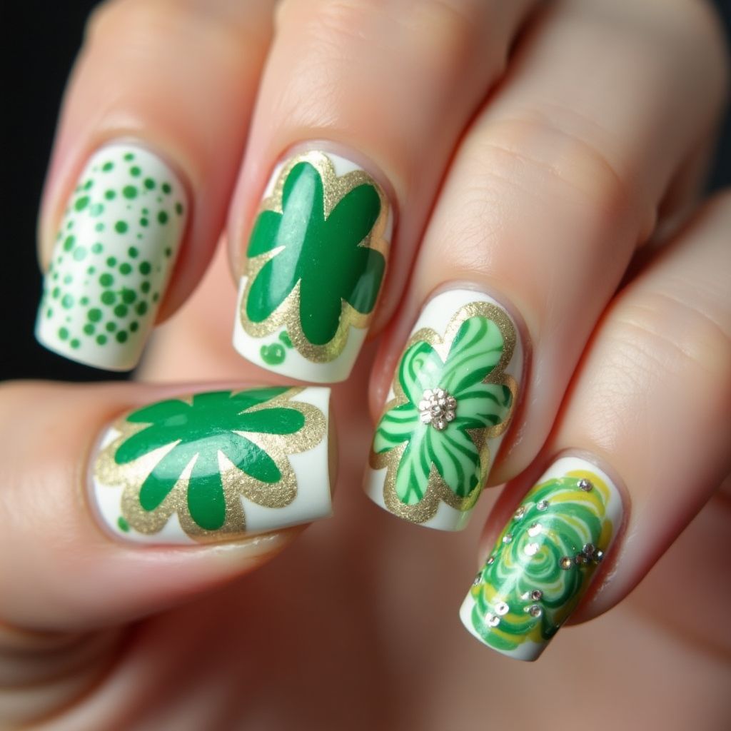St Patrick's Day Water Marbling Nail Design