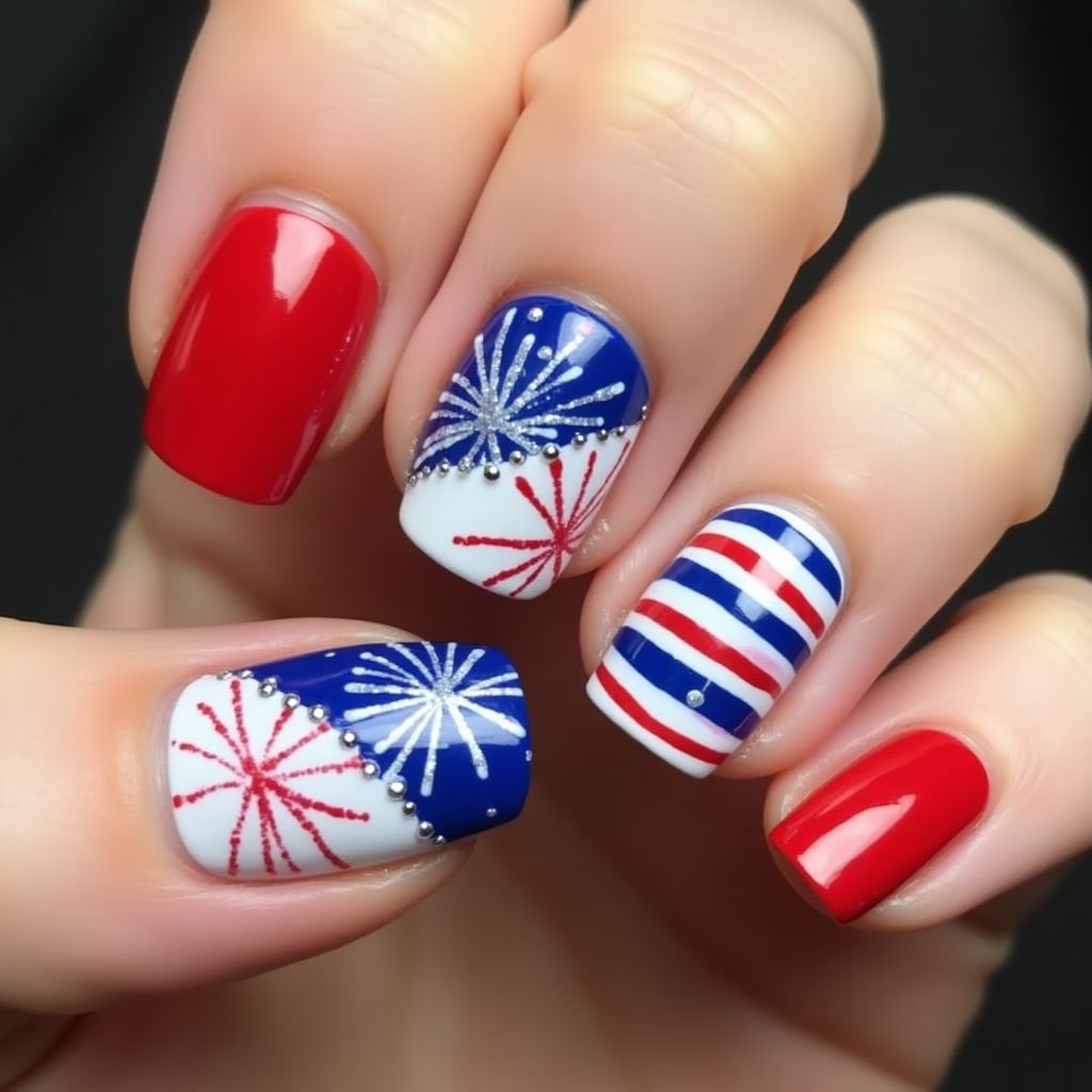 4th Of July Freehand Art Nail Design