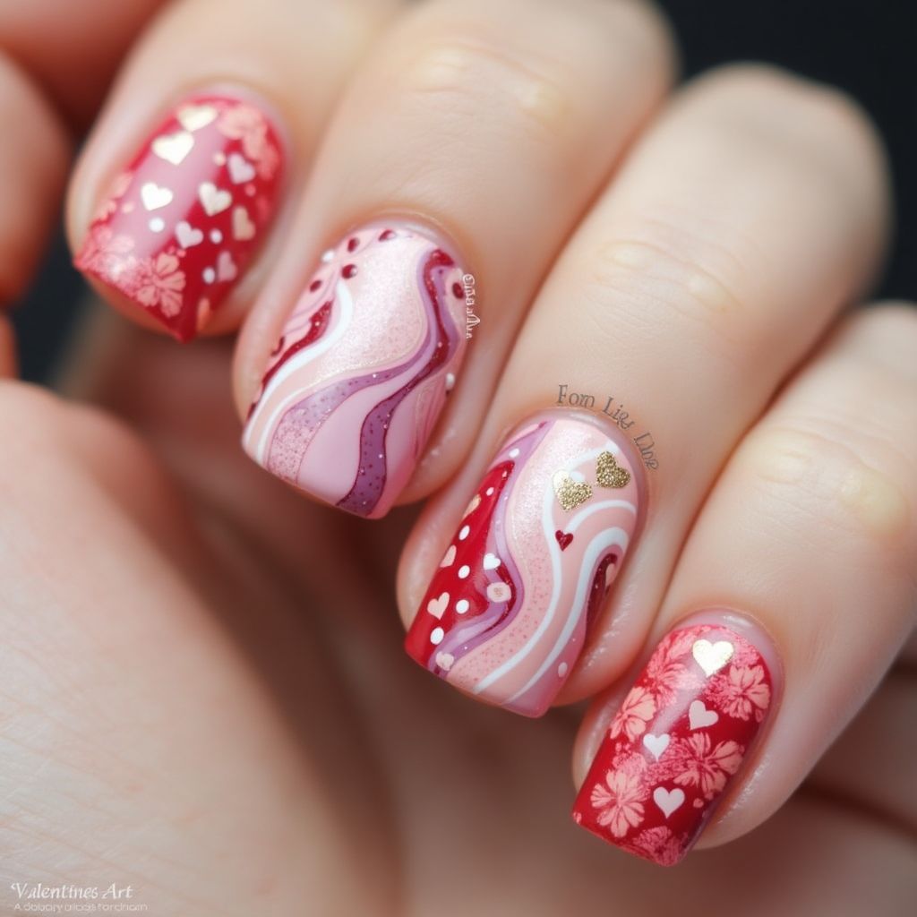 Valentine's Day Water Marbling Nail Design