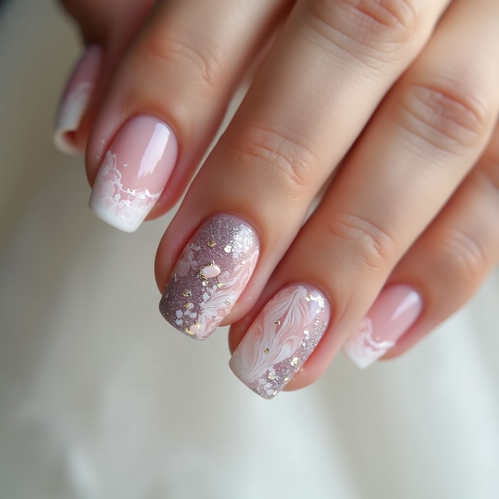 Wedding Water Marbling Nail Design