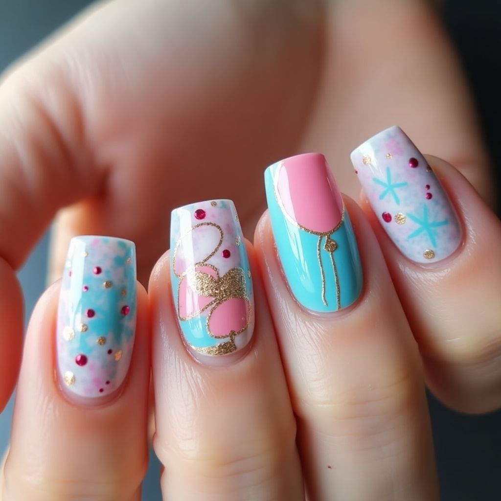 Birthday Water Marbling Nail Design
