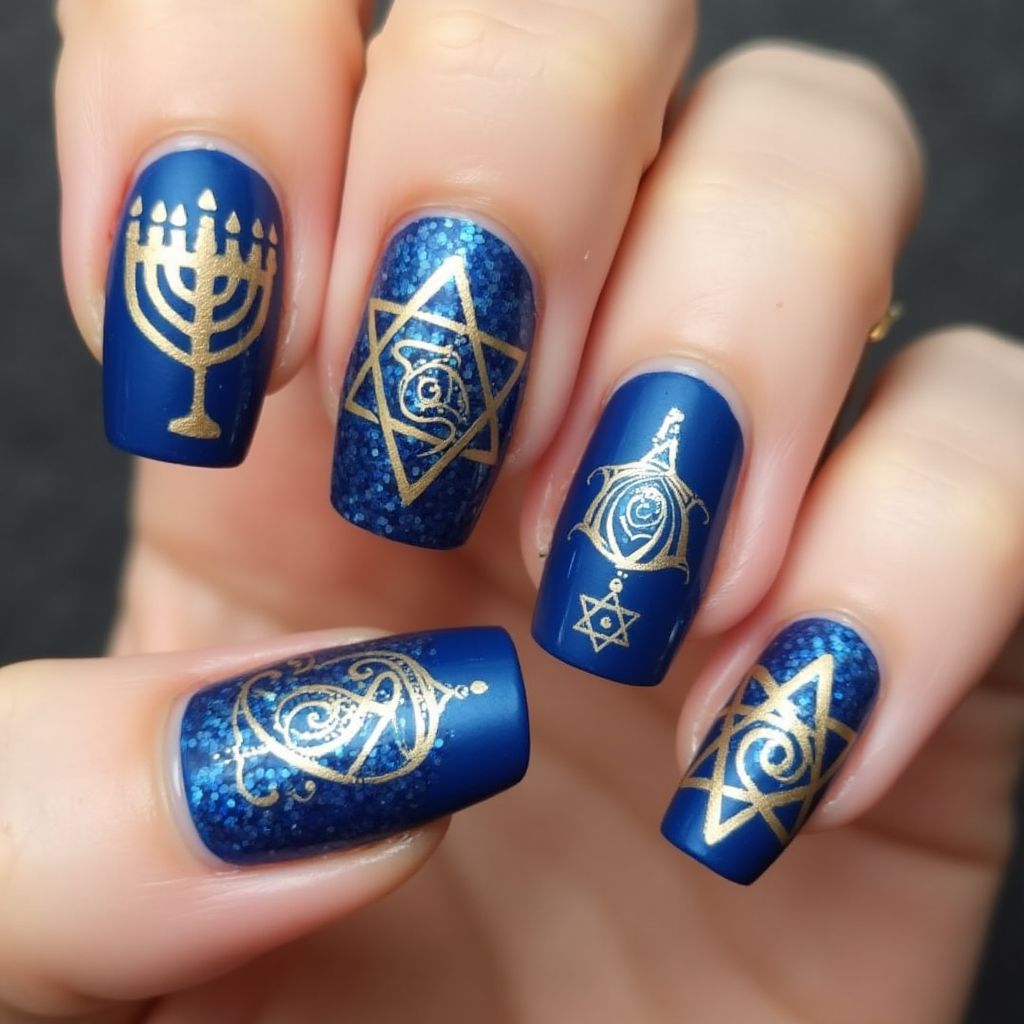 Hanukkah Freehand Art Nail Design
