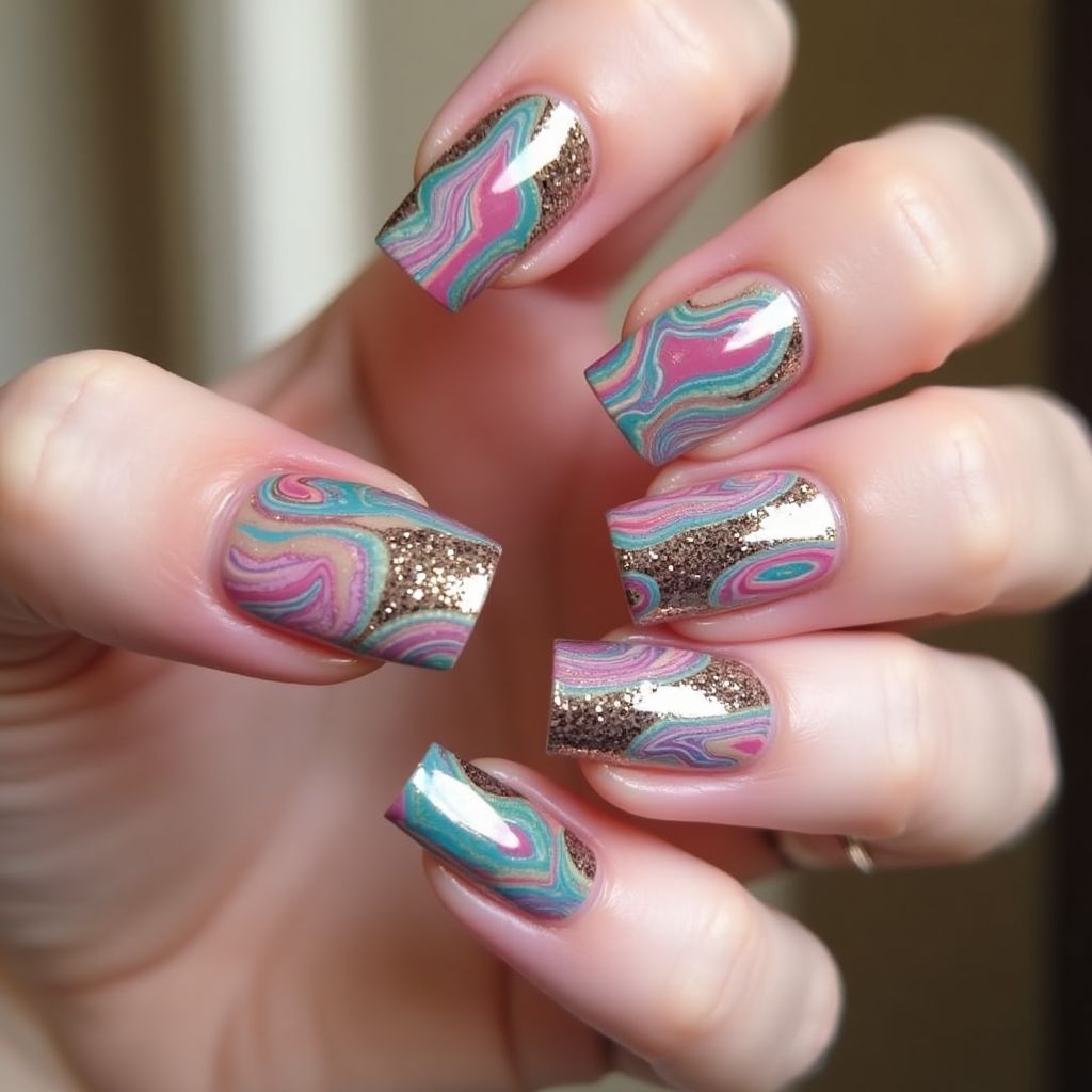 Celebration Water Marbling Nail Design