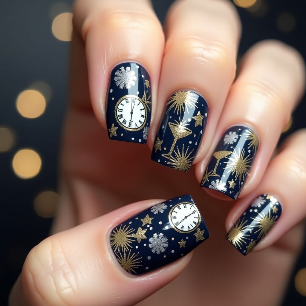 New Year Freehand Art Nail Design