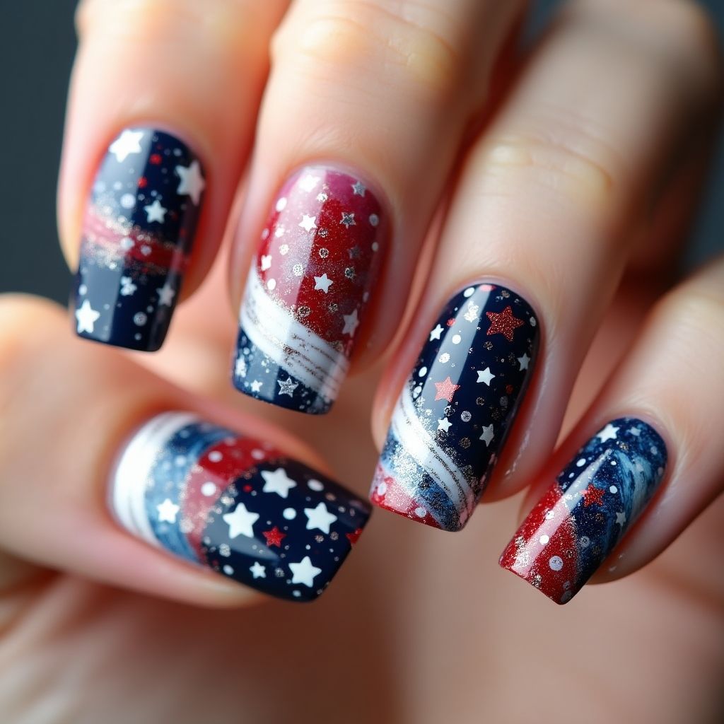 Independence Day Water Marbling Nail Design