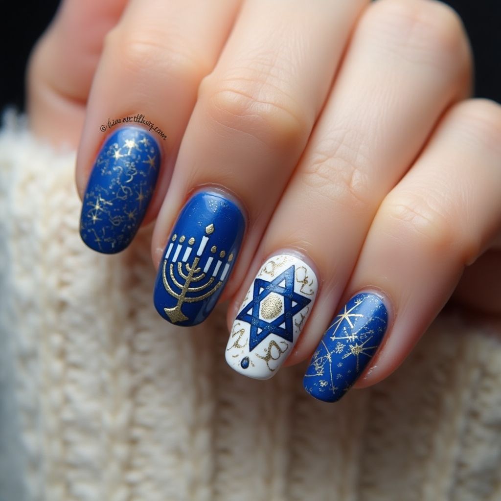 Hanukkah Freehand Art Nail Design