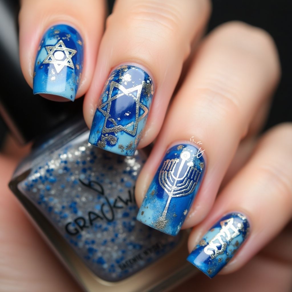 Hanukkah Water Marbling Nail Design
